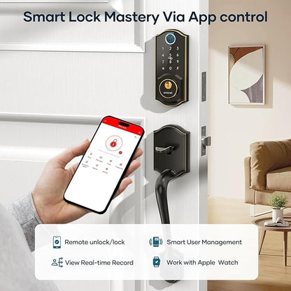Smart Door Lock with Handle Set: SMONET Front Door Lock Set Keyless Entry, Fingerprint Keypad Bluetooth Alexa Deadbolt Lockset Suitables for Rental Management and Smart Home Residents