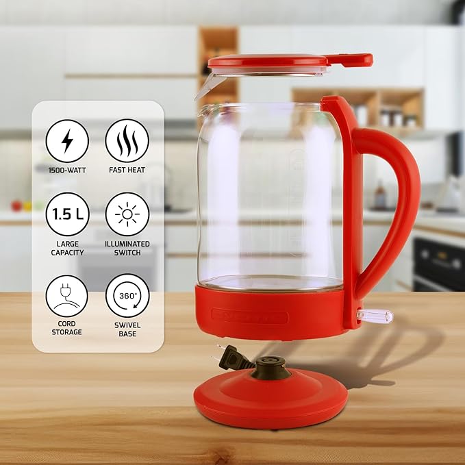 OVENTE Electric Kettle with 1.5L Borosilicate Glass, 1500W Fast Boiling Water Heater for Coffee or Tea, Easy to Fill Lid, Auto Shut-Off, Boil-Dry Protection & Stainless Steel Filter, Red KG516R