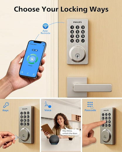 Philips WiFi Smart Keypad Deadbolt Lock, App Remote Control, No Hub Required, Support Alexa & Google Assistant, Keyless Entry Door Lock with Auto Lock, Digital Smart Locks for Front Door, Satin Nickel