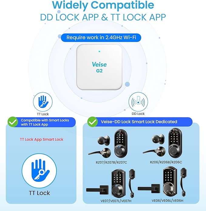 Veise G2 Gateway, Smart Deadbolt Wi-Fi Gateway, Remote Control, Compatible with DD Lock APP and TT Lock APP Remote Control