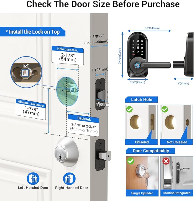 Veise RZ09 Smart Lock, 7-in-1 Keyless Entry with Handle Set, APP Control Fingerprint Deadbolt for Front Door, Electronic Digital Locks with Keypad, Matte Black