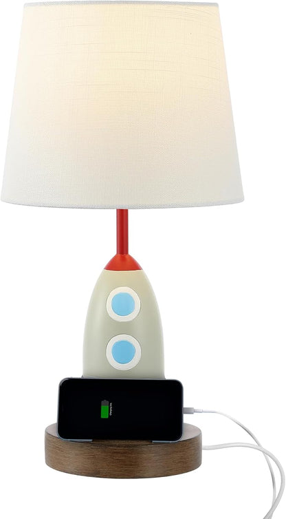 JONATHAN Y 17.5" Multi-Color Rocket LED Kids' Table Lamp with USB Charging Port and Phone Stand, Mid-Century Resin Space-Themed Lamp for Bedroom, LED Bulb Included JYL6310A