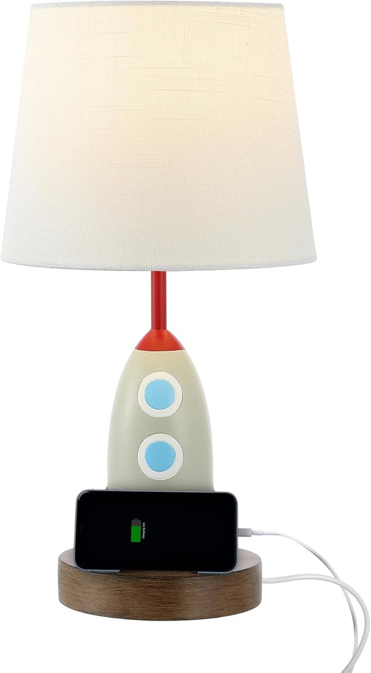 JONATHAN Y 17.5" Multi-Color Rocket LED Kids' Table Lamp with USB Charging Port and Phone Stand, Mid-Century Resin Space-Themed Lamp for Bedroom, LED Bulb Included JYL6310A