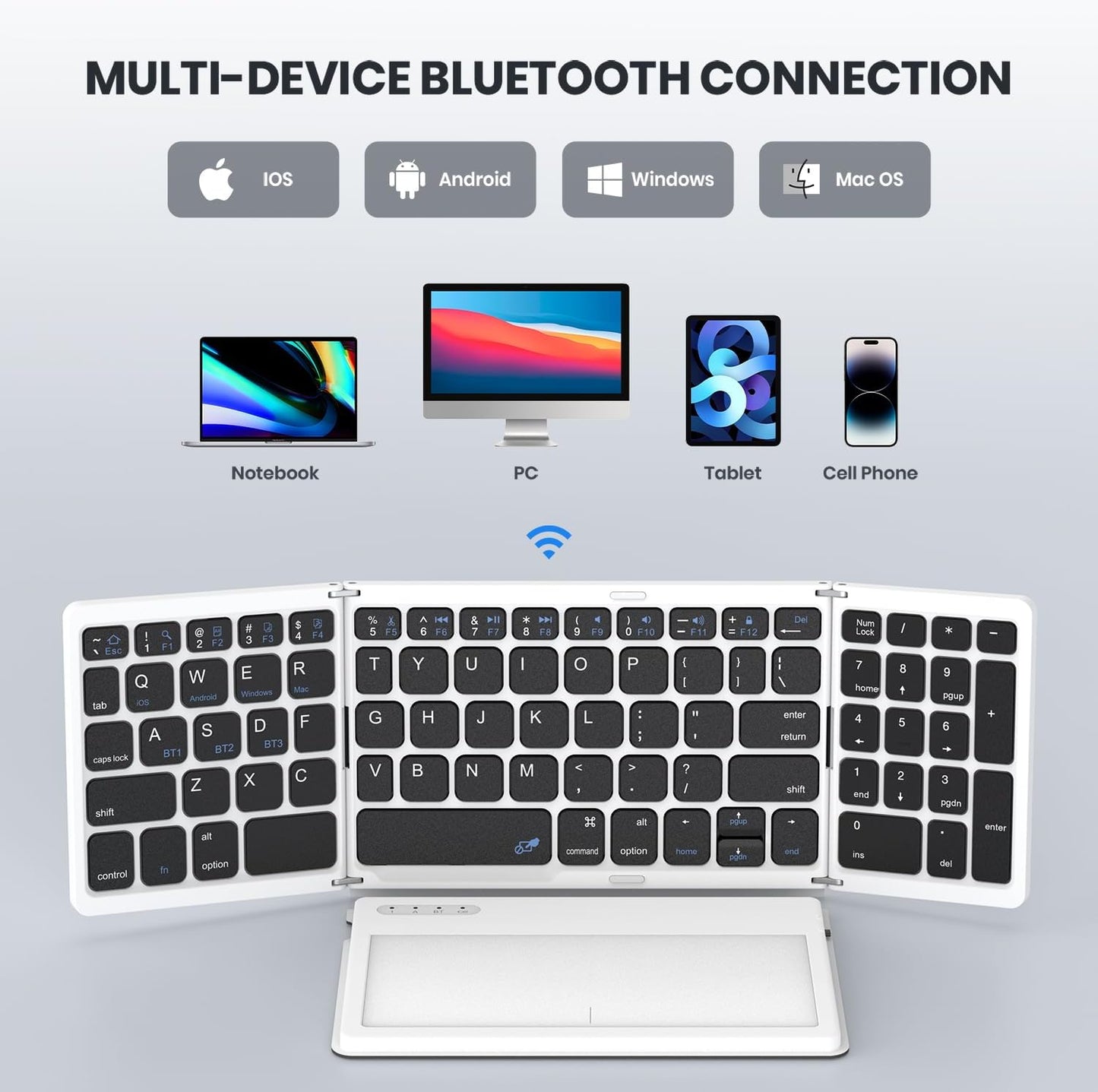 Foldable Bluetooth Keyboard, Portable Full Size Folding Keyboard with Large Touchpad, Numeric Keypad, PU Leather, Wireless Travel Keyboard for Windows iOS Android Mac(Black-White)