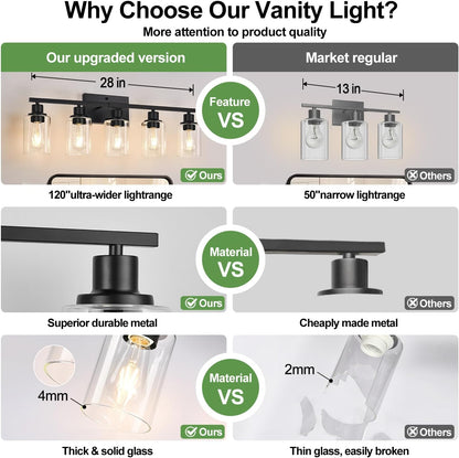 5-Light Bathroom Light Fixtures, Matte Black Modern Vanity Lights with Clear Glass Shades, Bathroom Vanity Light for Mirror Living Room Cabinet Bedroom Porch