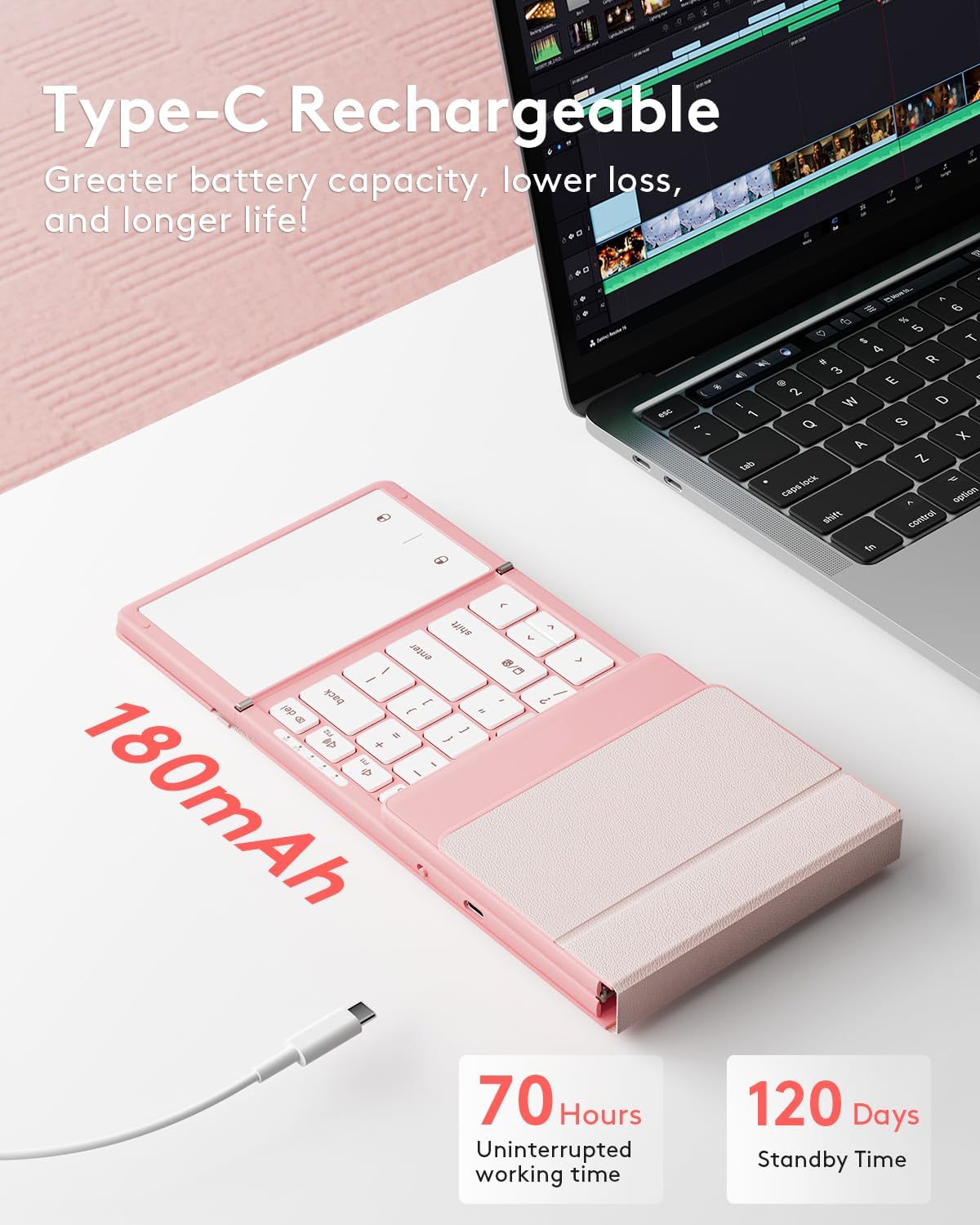 Samsers Foldable Bluetooth Keyboard with Touchpad, Full-Size Wireless Portable Travel Folding Keyboard for iOS Android Windows Mac OS, Support 3 Devices (BT5.1 x 3), Pink