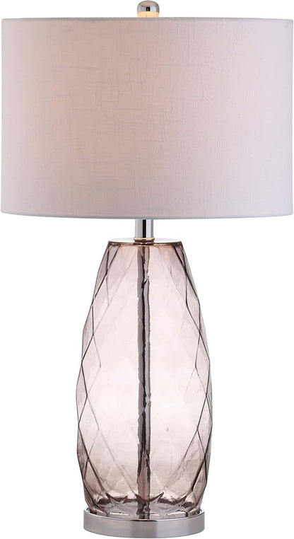 JONATHAN Y 26.5" Smoked Gray Glass Table Lamp, Modern Faceted Bedside Lamp, White Linen Drum Shade, Chrome Base, LED Bulb Included for Bedroom, Living Room, Nightstand JYL4009A