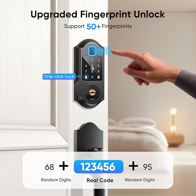 Smart Front Door Lock with Fingerprints, 2 Keys & 4 Cards, Front Door Lock Set Keyless Entry, Smart Locks for Front Door, Keypad Deadbolt with Handle, APP Control, Auto Lock, Matte Black