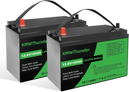12V 100Ah LiFePO4 Lithium Battery, Built-in Smart BMS, Low Temperature Protection Group 24 Deep Cycle Battery for Trolling Motor, RV, Solar, Marine, Camping and Off Grid Applications 2 Pack