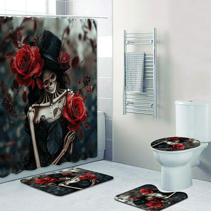 NEWSUYAA Halloween Decorations Shower Curtain Set with Non-Slip Rugs and Bath Mats,Black Skull Skeleton Bathtub Curtains with 12 Hooks,All Saints'Day (Nov 1st) Bathroom Decor