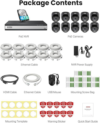 ZOSI C220 16CH 4K PoE Home Security Camera System, 16 Channel 4K 8MP NVR with 4TB HDD for 24/7 Record, 10 x 4MP(1440p) QHD 2.5K Dome IP Cameras Outdoor Indoor, Smart AI Human Detection, Two-Way Audio