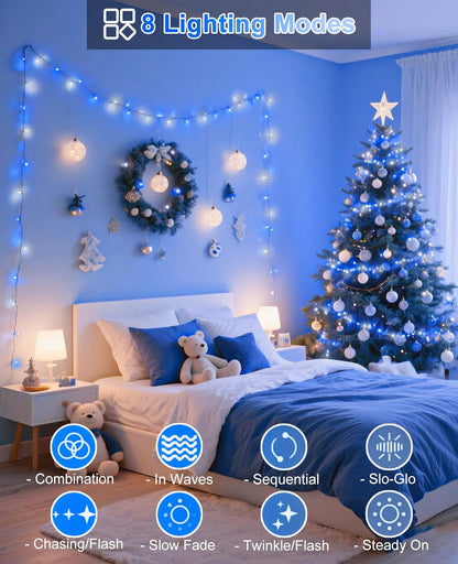 80FT 240 LED Christmas Lights Outdoor, Plug in Christmas Tree Lights Waterproof, 8 Modes & Timer, Connectable Green Wire String Light for Indoor Home Garden Party Holiday Decorations, Blue White