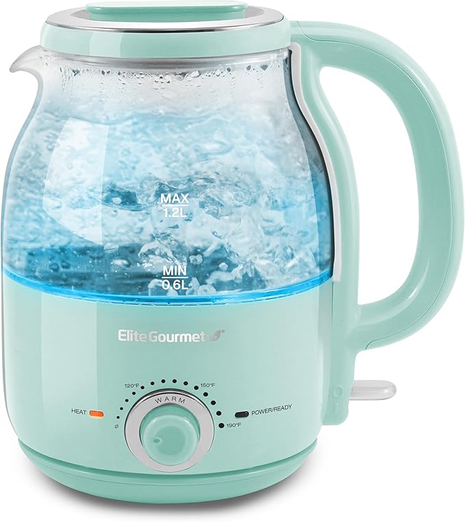 Elite Gourmet 1.2L Electric Glass Kettle, 1200W Fast Boil, Adjustable Temperature Control & Keep Warm, BPA-Free Borosilicate Glass, Auto Shut-Off & Boil-Dry Protection, 360° Cordless Base, Mint