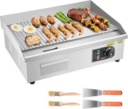 VEVOR Commercial Electric Griddle, 21.06 x 11.81 inch, 1750W, 122-570°F Adjustable Temp Control, Stainless Steel Body, Half Grooved Half Flat, with 2 Spatulas, 2 Brushes, and 4 Foot Pads, for Steak