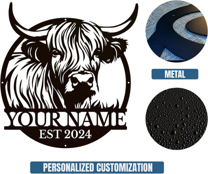 Personalized Highland Cow Name metal Signs,Custom Highland Cow Metal Shed Wall Decor,Black Metal Wall Art Plaques Outdoor wall Decorative Signage (Style F)