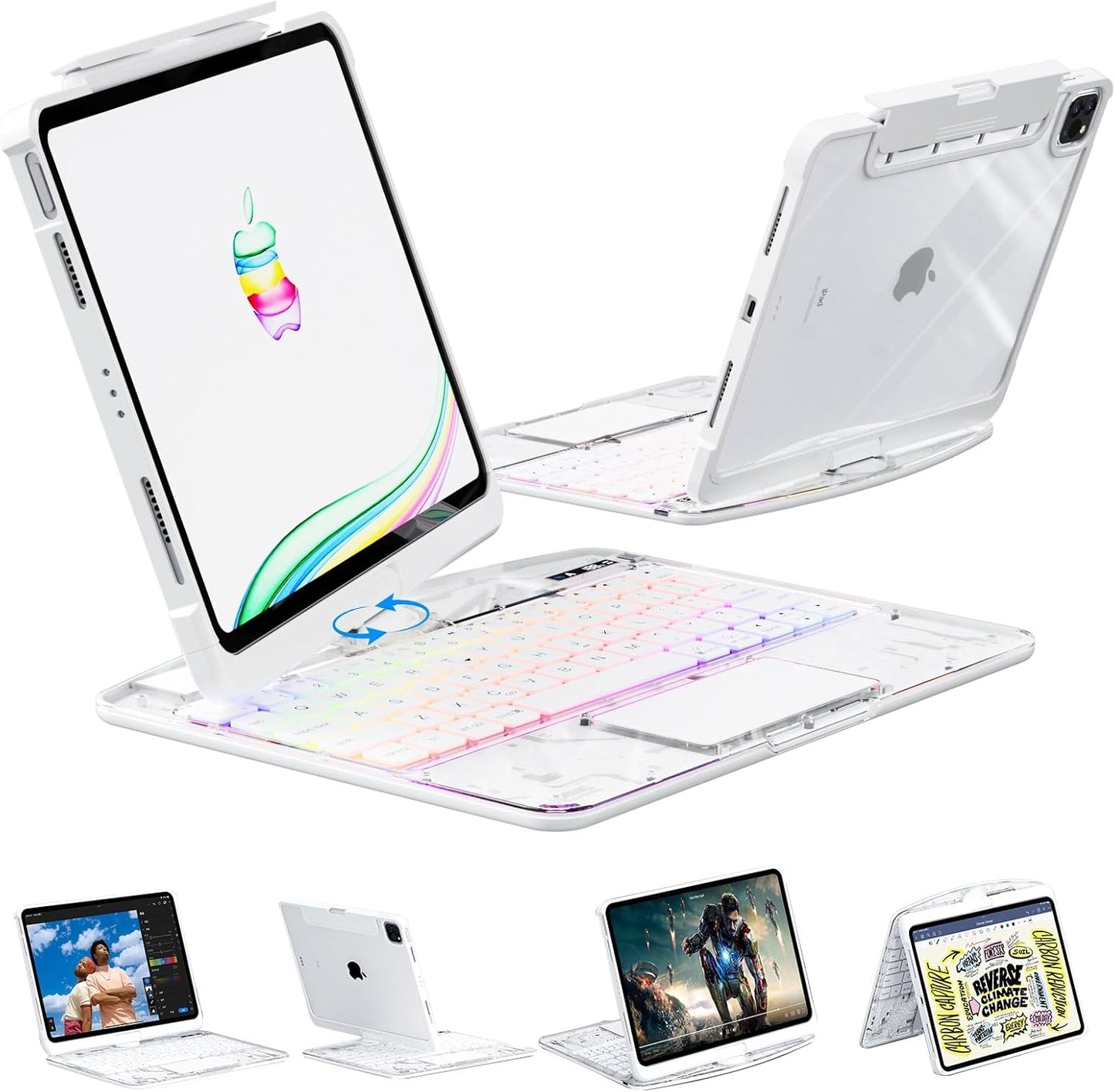 KARTICE Case with Wireless Keyboard Compatible with iPad Pro 11 2024 11 inch, Multi-Touch Trackpad, 7 Color Backlight, 360° Rotating Stand with Pencil Holder for iPad Pro 11, Excludes iPad and Pencil