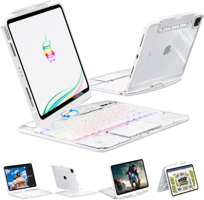 KARTICE Transparent 360 Keyboard Case with Wireless Keyboard for iPad Air 11 Inch 2024, 10.9" iPad Air 5th/4th, 11" iPad Pro 4/3/2/1 360° Rotating Stand