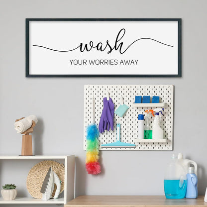 SRSZHIYUE Wash Your Worries Away Bathroom Sign Wall Art 32"×12" Funny Restroom Toilet Large Wood Framed Hanging Decor (Black)
