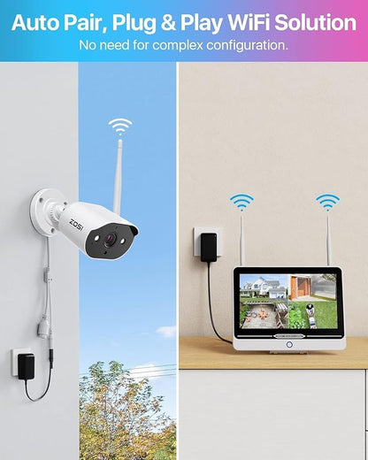 ZOSI 8CH 2K Wi-Fi 6 Security Camera System with 12'' LCD Monitor,4pcs 3MP Plug-in WiFi Cameras Indoor Outdoor,AI Person Detection,Color Night Vision,2 Way Audio,1TB HDD for Home 24/7 Recording
