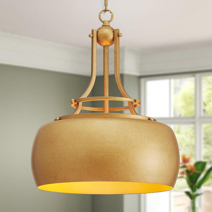 WUZUPS Chandelier Rustic Farmhouse Industrial Round Ceiling Pendant LED Light Fixture with Open Bottom Drum Shade, H 15.7" x W 13.4", Antique Gold