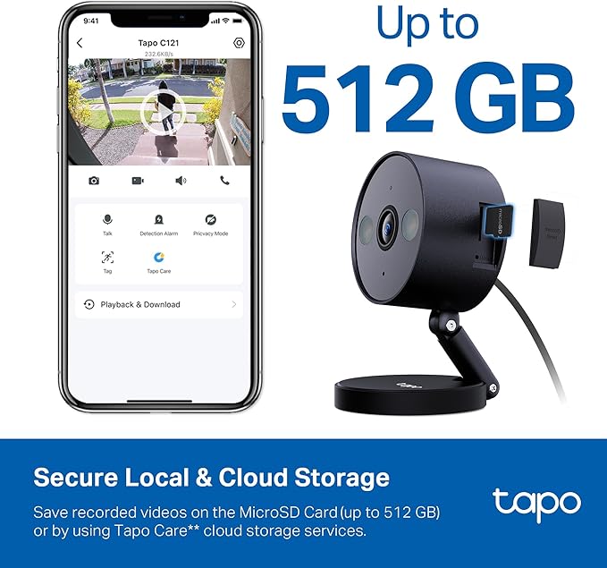 Tapo 2K+ Indoor/Outdoor Wired Security Camera - Person/Pet/Vehicle Detection, Baby Monitoring, Color Night Vision, IP66 Weather Resistant, Subscription-Free Local Storage or Optional Cloud, C121