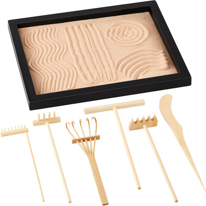 Soulchen 8 Pcs Mini Zen Garden Kit for Desk Decor DIY Your Own Zen Garden 8.5" x 6.7" Japanese Sand Tray 6 Rake Tools Meditation Gifts Set for Home Office Desktop Accessories Therapy Stress Relief