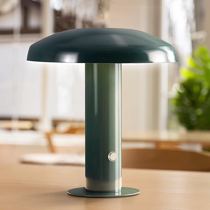 JONATHAN Y 11" Forest Green Rechargeable LED Mushroom Table Lamp, Cordless Portable Dimmable Mid-Century Modern Accent Lamp, with Metal Shade, Touch Sensor (JYL7114D)