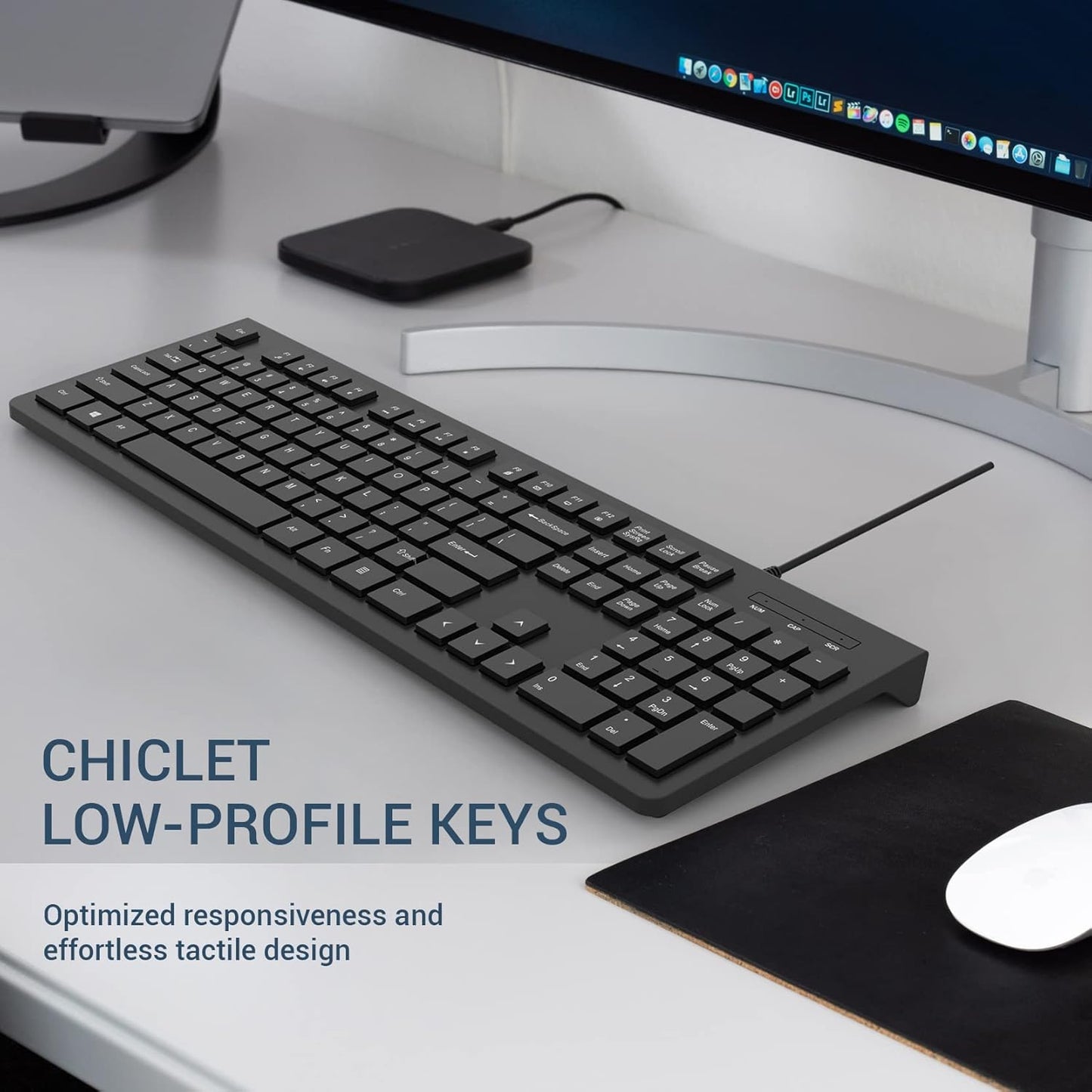 Computer Keyboard Wired, Plug Play USB Keyboard, Low Profile Chiclet Keys, Large Number Pad, Caps Indicators, Foldable Stands, Spill-Resistant, Anti-Wear Letters for PC Laptop (Black, 1-Pack)