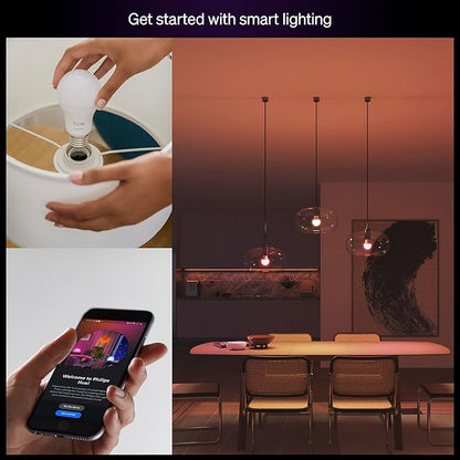 Philips Hue Essential Smart LED A19 Bulb, White and Color Ambiance, E26 Base, 8.8W, 2200K-6500K, 800 Lumens, Dimmable, Works with Alexa, Google, and Apple Home, 4-Pack