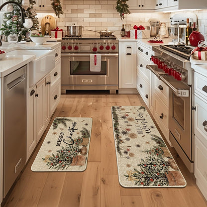 Artoid Mode Holly Ornament Merry Christmas Kitchen Mats Set of 2, Winter Home Decor Low-Profile Kitchen Rugs for Floor - 24x35 and 24x59 Inch