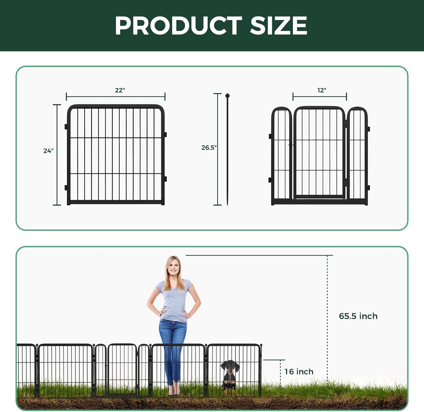 FXW Garden Fence 24in(H) x 7.4ft(L), 4 Panels Decorative Dog Fence Outdoor for The Yard – Heavy Duty Metal Animal Barrier for Dog and Rabbit, Easy Setup, Black