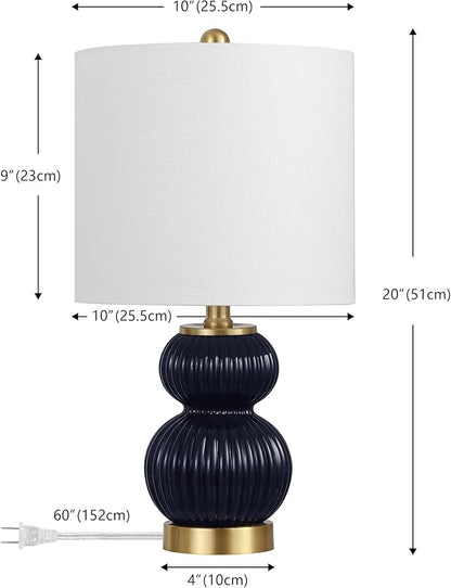 JONATHAN Y 20" Navy/Brass Gold Ribbed Gourd Glass Table Lamp, Modern Bedside Lamp for Bedroom Living Room, White Linen Drum Shade, LED Bulb Included (JYL1099D)
