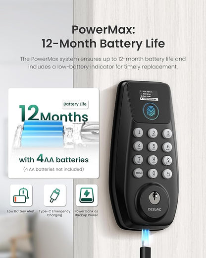 DESLOC C110 Keyless Entry Door Lock with Fingerprint - Smart Deadbolt Lock for Front Door with 2 Keys - Auto Lock - Easy Installation, 100 PIN Codes, IP54 Waterproof, BHMA Grade 3, Black