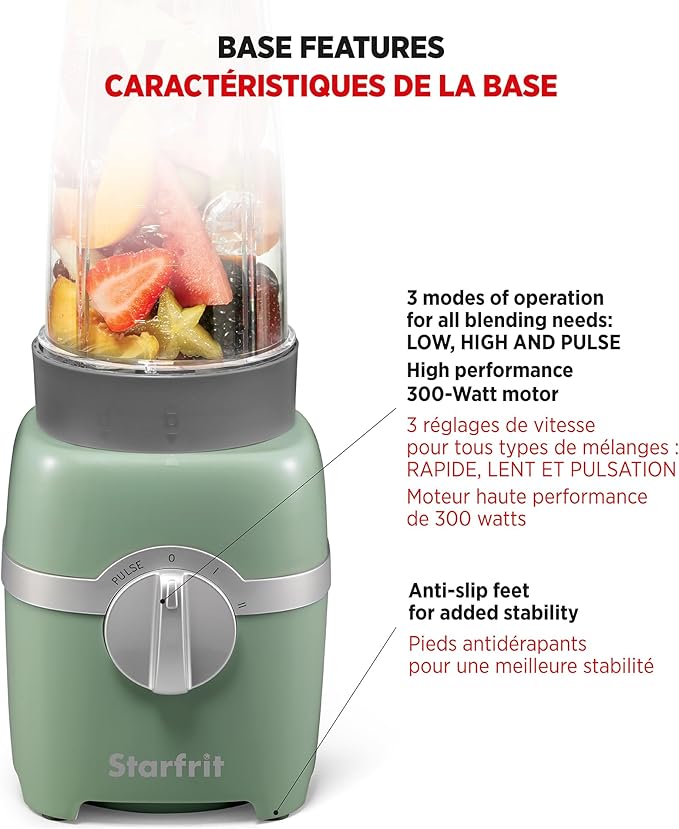 Starfrit Personal Blender - Two 828ml Cups - High, Low & Pulse Modes - 300W - Sage