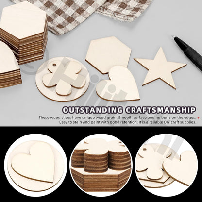 Hilitchi 200Pcs Multi Shape Unfinished Wooden Crafts DIY Wooden Cutouts Star Flower Circle Hexagon Heart Shapes Unfinished Wood Slices Ornament for DIY Crafts Home Decorations