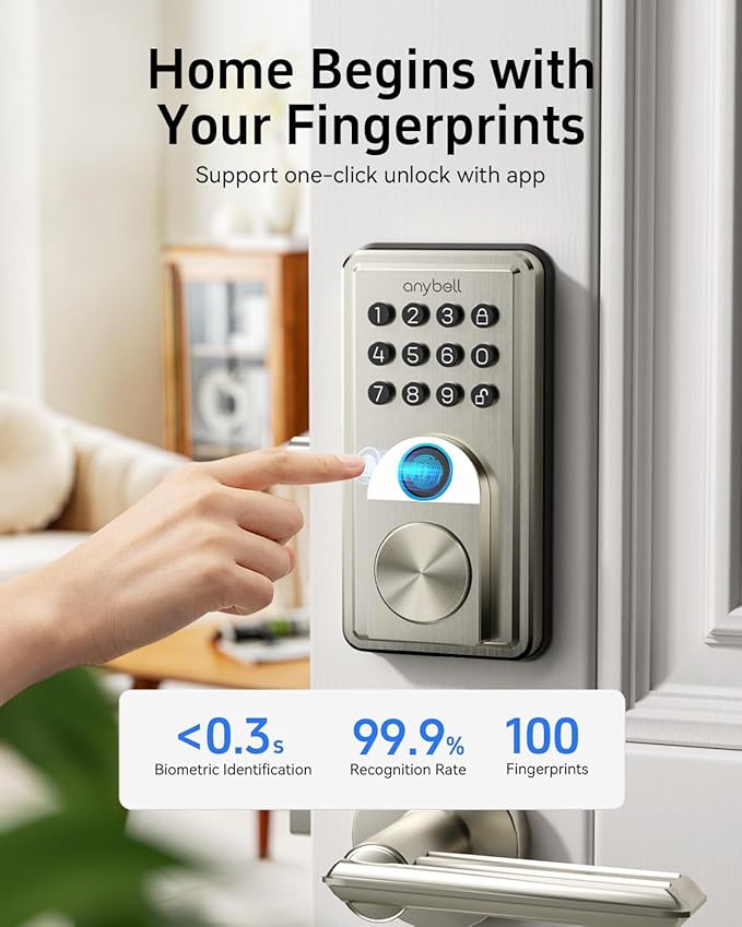 Fingerprint Door Lock - ANYBELL Keyless Entry Smart Lock Deadbolt with Electronic Keypad, App Control & Auto Lock, Easy Install for Front Door - Satin Nickel