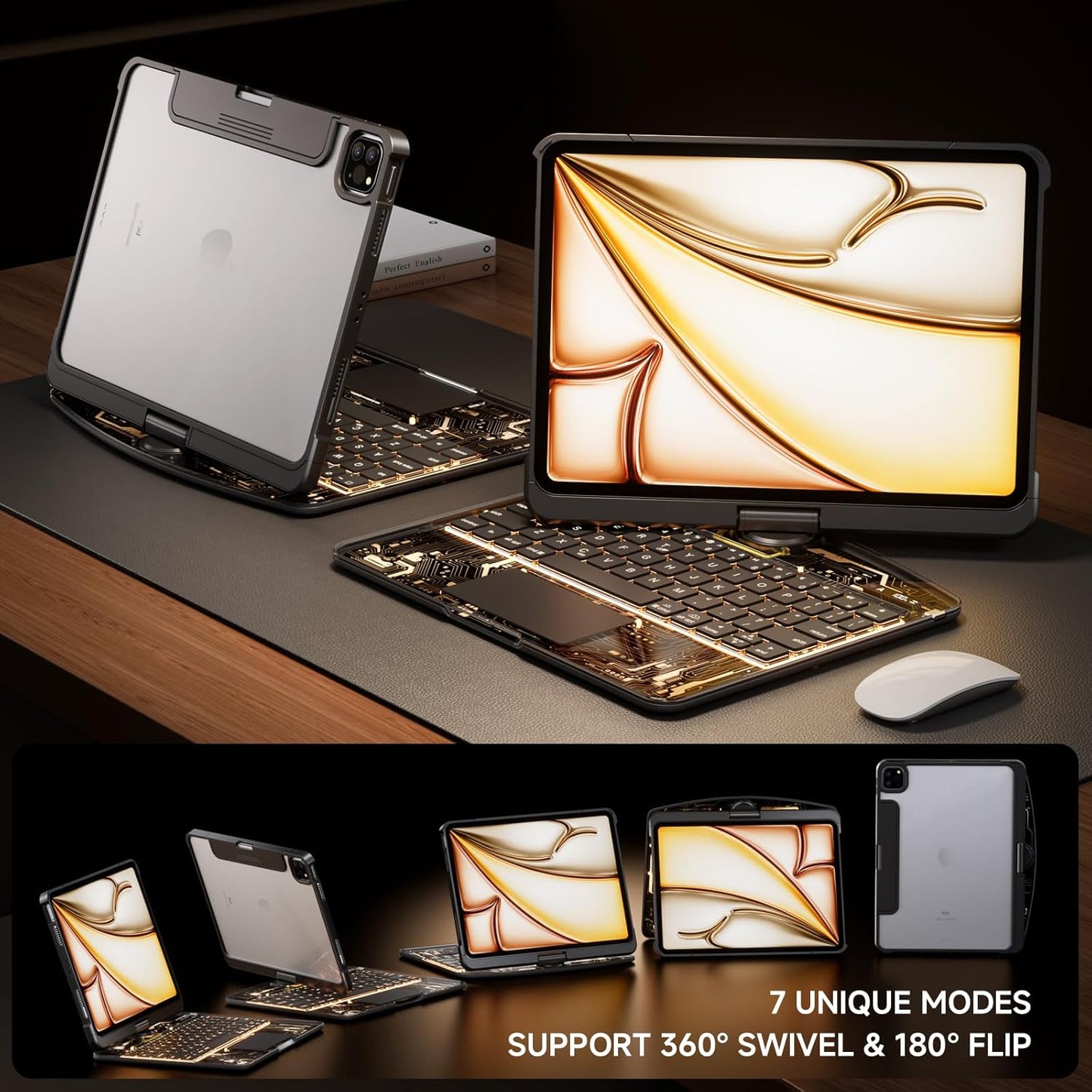 Transparent Case with Keyboard for iPad 9th (7th, 8th, and 9th Gen) 10.2 Inch,with 7-Color Backlit Wireless Keyboard,360°Rotatable Protective Case Multi-Touch Trackpad,with Pencil Holder,Black
