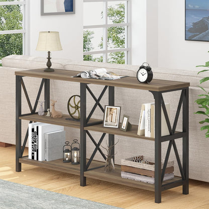 LVB Rustic Console Table, Wood Metal Entryway Table Behind Couch, Industrial Sofa Table with 3 Tier Storage Shelf, Modern Wooden Foyer Hallway Table for Entry Living Room Bedroom, Rustic Oak, 47 Inch