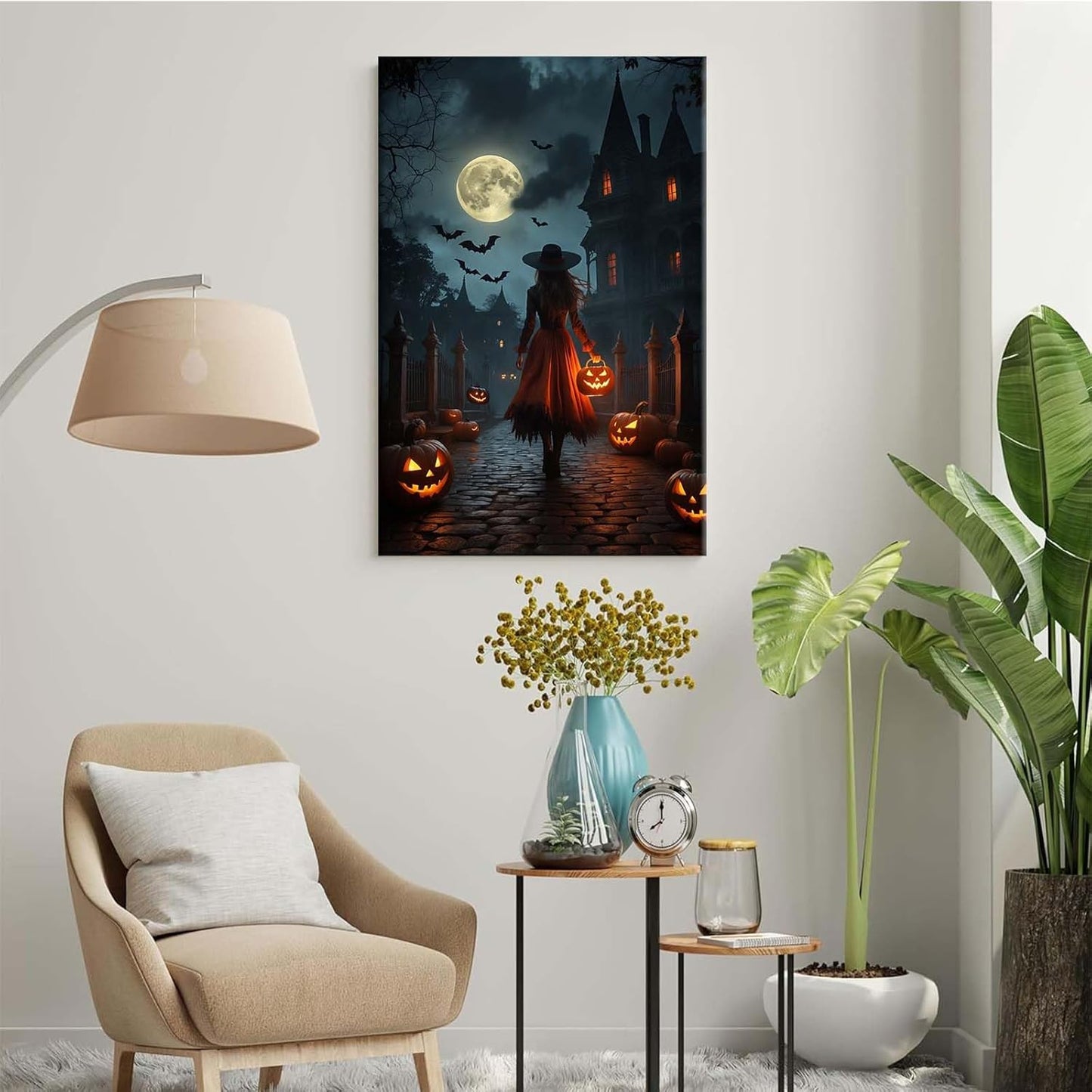 Halloween theme poster moonlit autumn night witch vintage poster art print dark college style gothic painting canvas wall decoration bedroom living room ideal gift24x36in Wood Framed