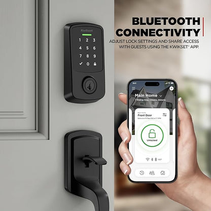 Kwikset Aura Reach Smart Lock Matter Over Thread and Bluetooth Enabled Keyless Entry Door Lock Deadbolt, BHMA Certified, Proximity Wakeup, Geofence Auto-Unlock Matte Black