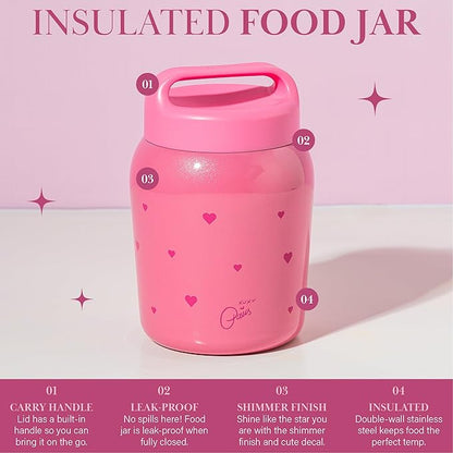 Paris Hilton Stainless Steel Food Jar, Double Wall Vacuum Sealed Insulated Food Storage Container with Carry Handle Lid, 24-Ounce, Pink with Heart Design