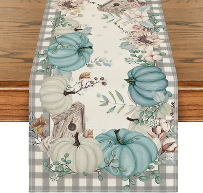 Artoid Mode Buffalo Plaid Pumpkins Leaves Fall Table Runner, Autumn Thanksgiving Kitchen Dining Table Decoration for Home Party Decor 13x72 Inch