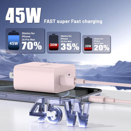 iPhone 16 15 Pro Max Charger Fast Charging,45W Dual Port USB C Fast Charger Block [2-Pack] & Extra Long 60W 3/6/10/10FT USB C Cable - PD Quick Adapter 3.0 for iPhone 16 15/16 15 Pro/16 15 Plus.