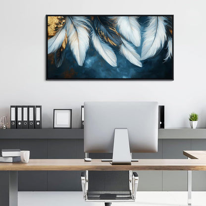 Mofutinpo Blue and Gold Wall Art Framed Navy Blue Decor for Living Room Feather Canvas Art Wall Pictures, Blue Bedroom Wall Decor Above Bed Pictures Wall Decor, Painting - Artwork for Walls 24×48IN