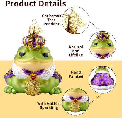 Frog Christmas Tree Ornaments,Hand-Blown Glass Ornaments,Frog Prince Watcher Collection Figurines Hanging Ornament,Christmas Decorations for Animal Lovers Holiday Party Home Gift