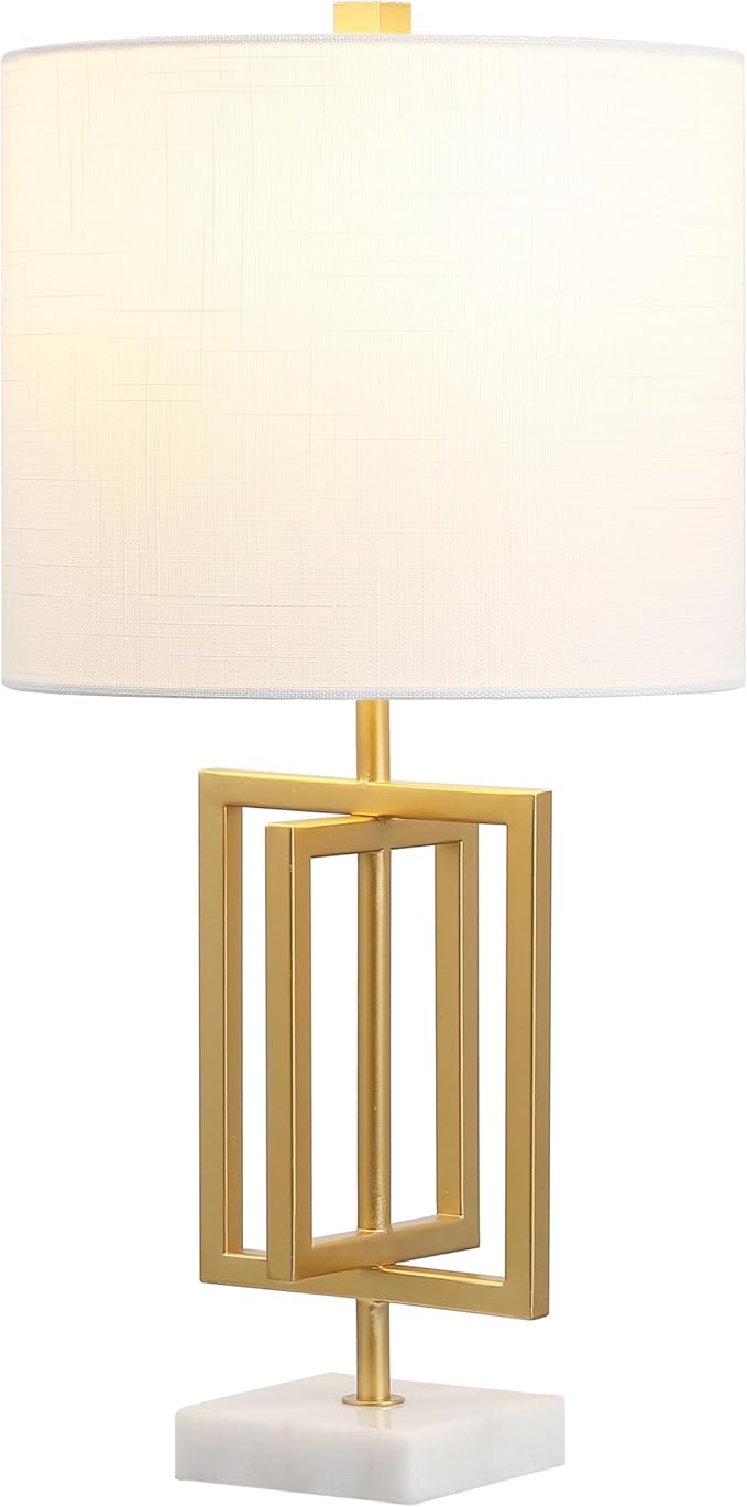 JONATHAN Y 20.25" Gold Contemporary Glam Metal and Marble Table Lamp, Modern Geometric Iron Desk Lamp for Bedroom Living Room, White Linen Shade, LED Bulb Included JYL1039A