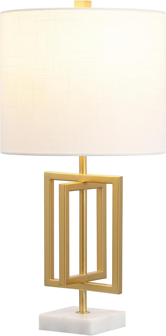 JONATHAN Y 20.25" Gold Contemporary Glam Metal and Marble Table Lamp, Modern Geometric Iron Desk Lamp for Bedroom Living Room, White Linen Shade, LED Bulb Included JYL1039A