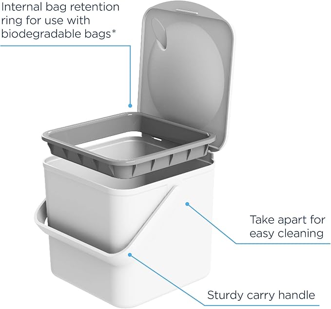 Minky Homecare Kitchen Compost Bin – Countertop Food Waste Caddy with Easy Wipe Clean Interior – Made in The UK - 3.5L (0.9 gal.) (White)