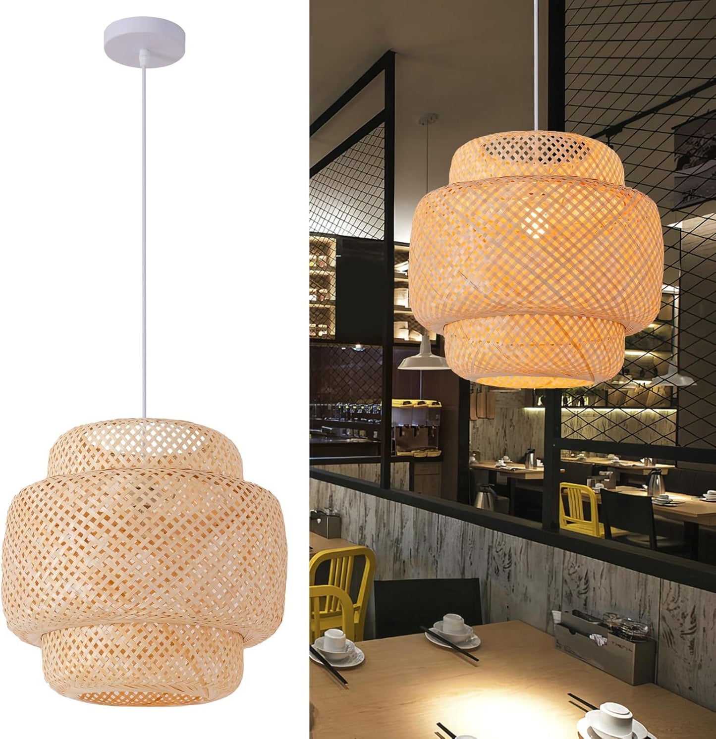 Bamboo Pendant Light,15.75" Hand-Woven Boho Rattan Hanging Lamp,1-Pack Farmhouse Wicker Chandelier for Dining Living Bedroom Kitchen