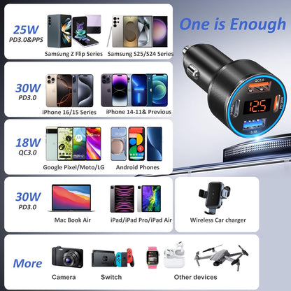 3 Pack USB C Car Charger, 4-Port 65W Dual 12V USB-A & USBC Cigarette Lighter Adapter Plug with Voltmeter PD/QC 3.0 Fast Charging Car Phone Charger for iPhone 16e 15 14 13 12 11 Pro Max, Android-Black